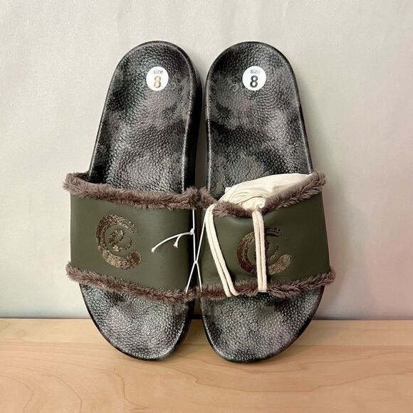 NEW Johnny Was Calme green leather space camo fur lined slip on slide sandals 8M - Picture 7 of 7